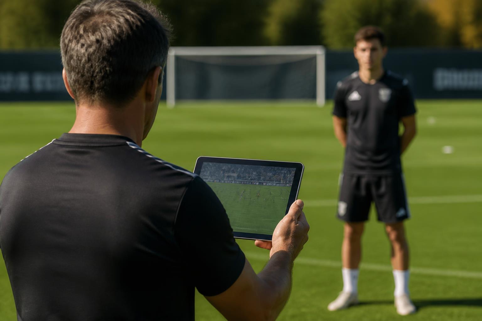 Trainer analysiert eine Szene auf dem Tablet
